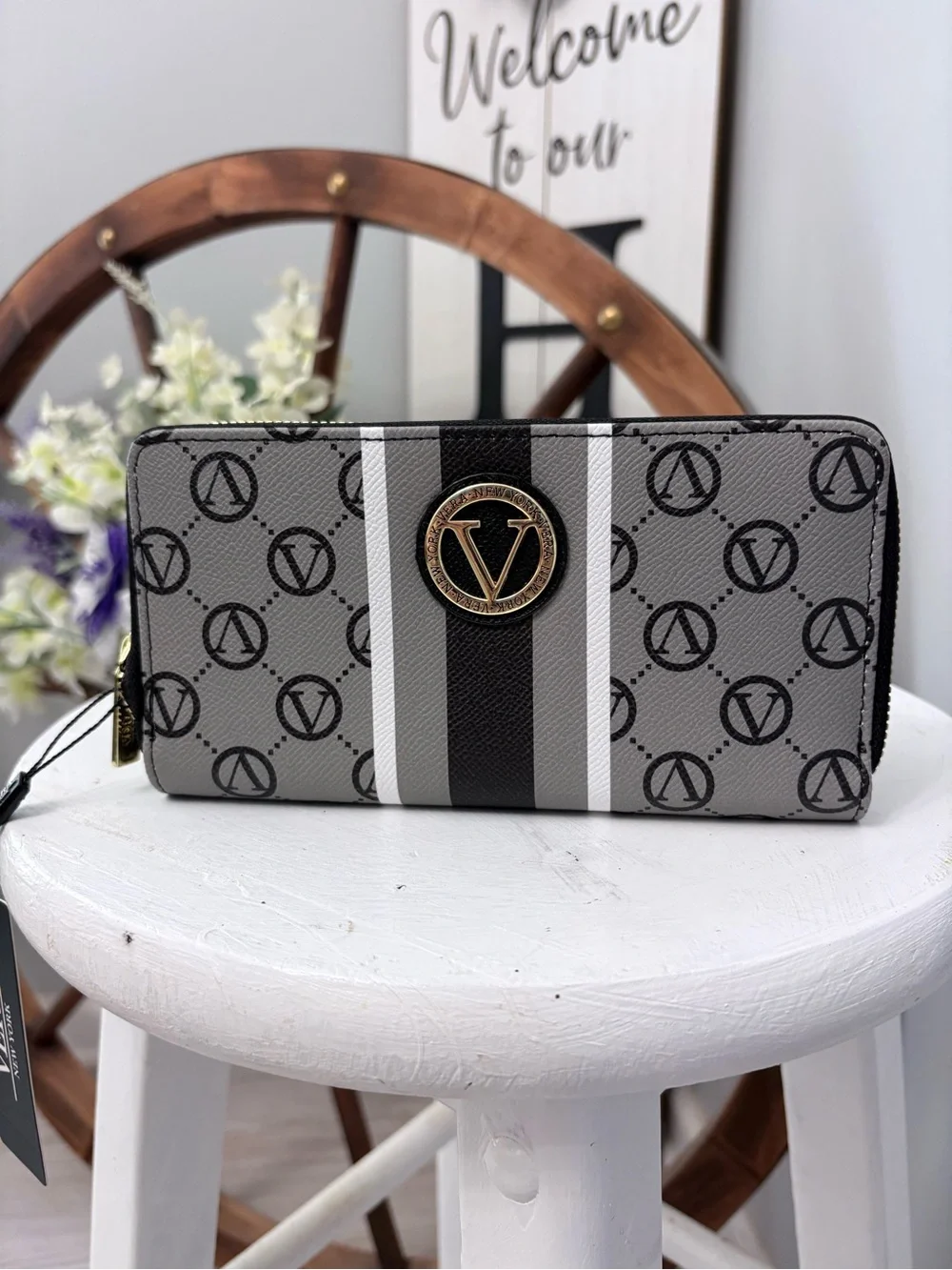 Vera New York Gray Logo Zip-Around Wallet with Stripe NWT
